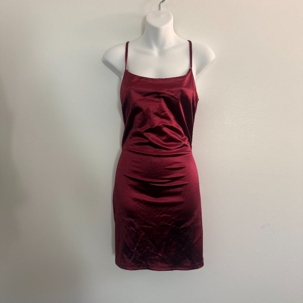 PeachPuff Burgundy Satin Deep Back Slip Dress | L - Picture 3 of 10